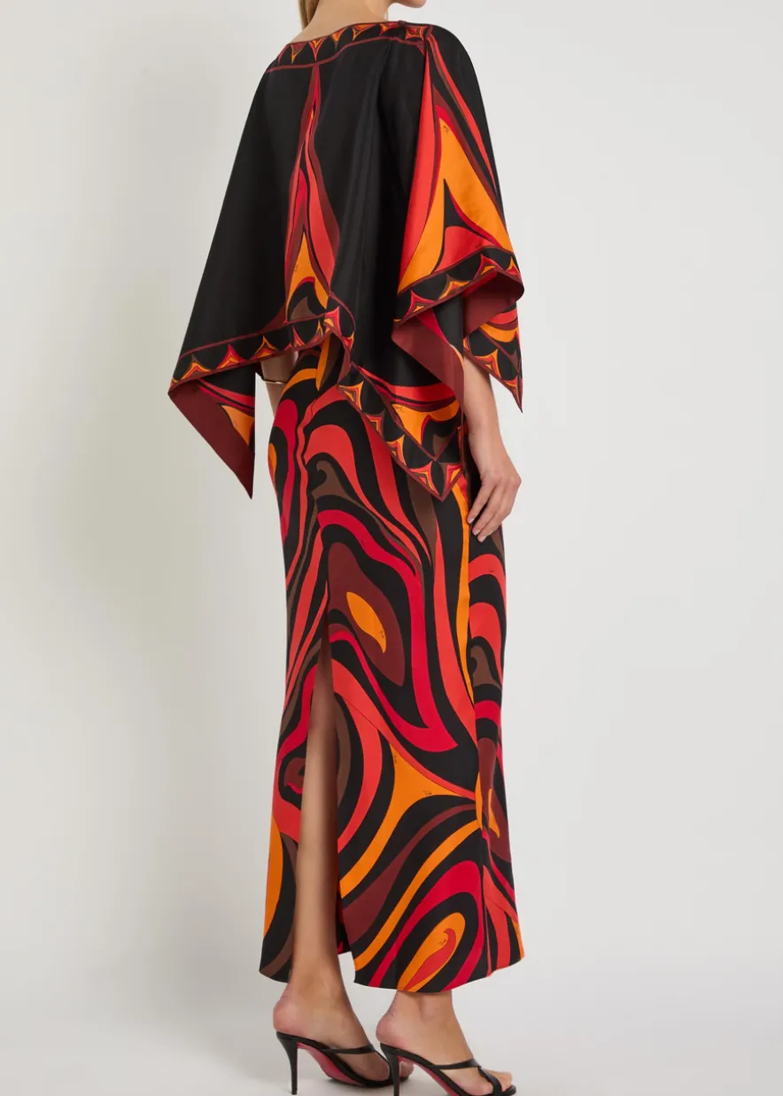 Printed cape-effect silk maxi dress