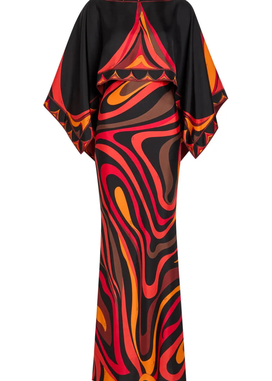 Printed cape-effect silk maxi dress
