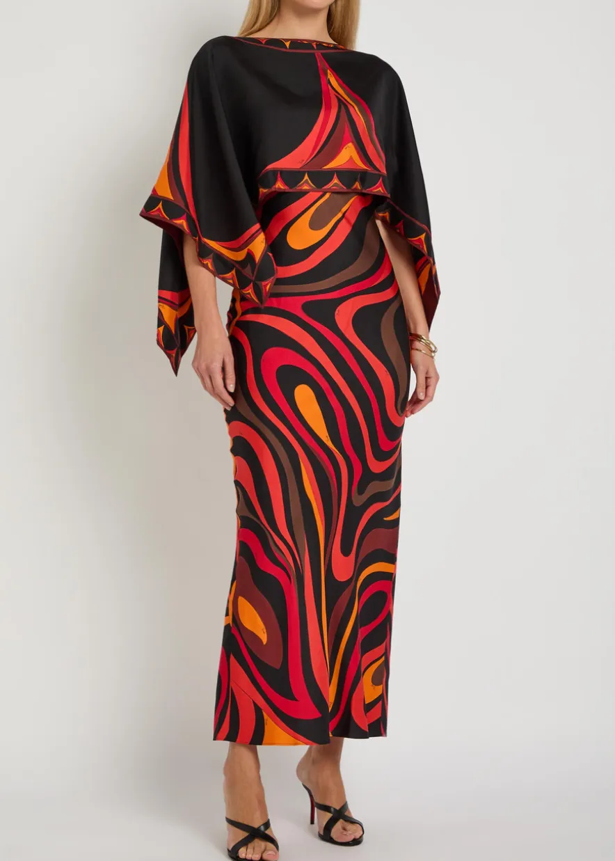 Printed cape-effect silk maxi dress