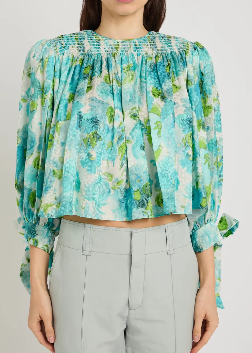 Printed cropped silk blouse