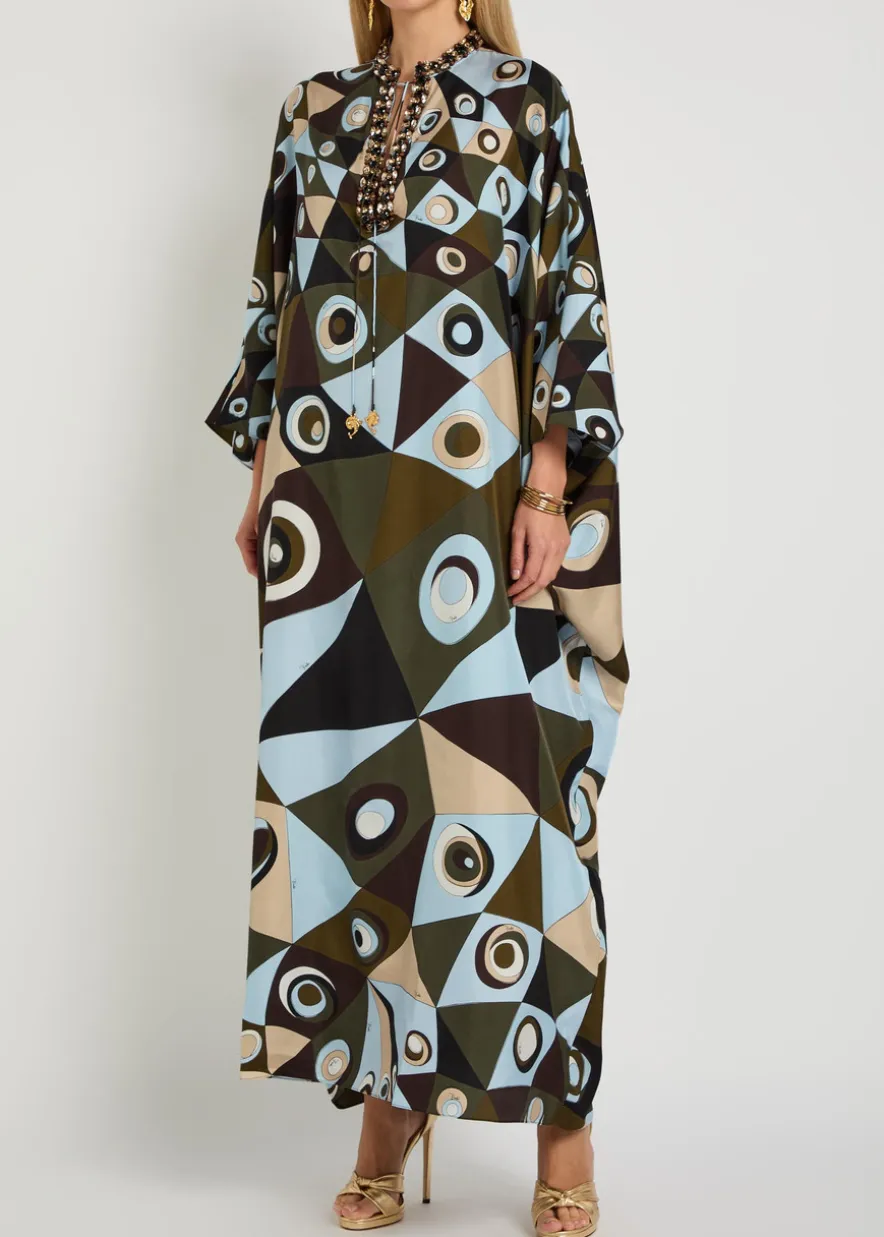 Printed crystal-embellished silk maxi kaftan dress