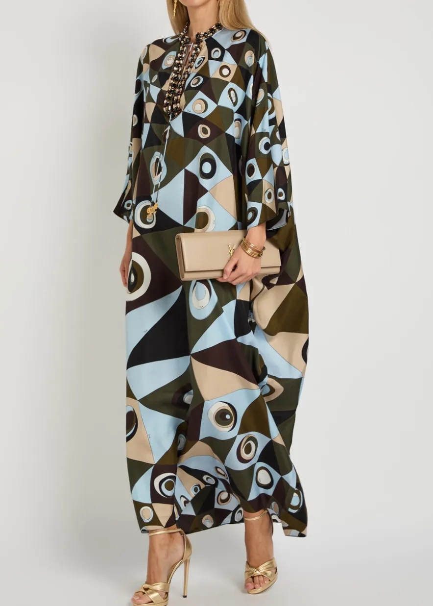 Printed crystal-embellished silk maxi kaftan dress