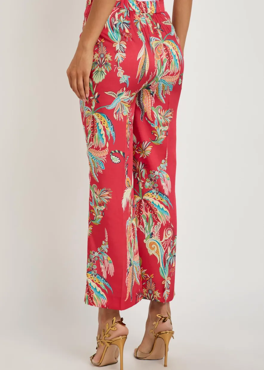 Printed flared-leg satin trousers