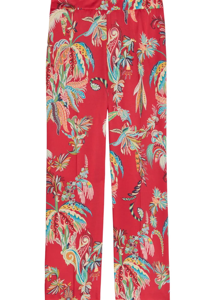Printed flared-leg satin trousers