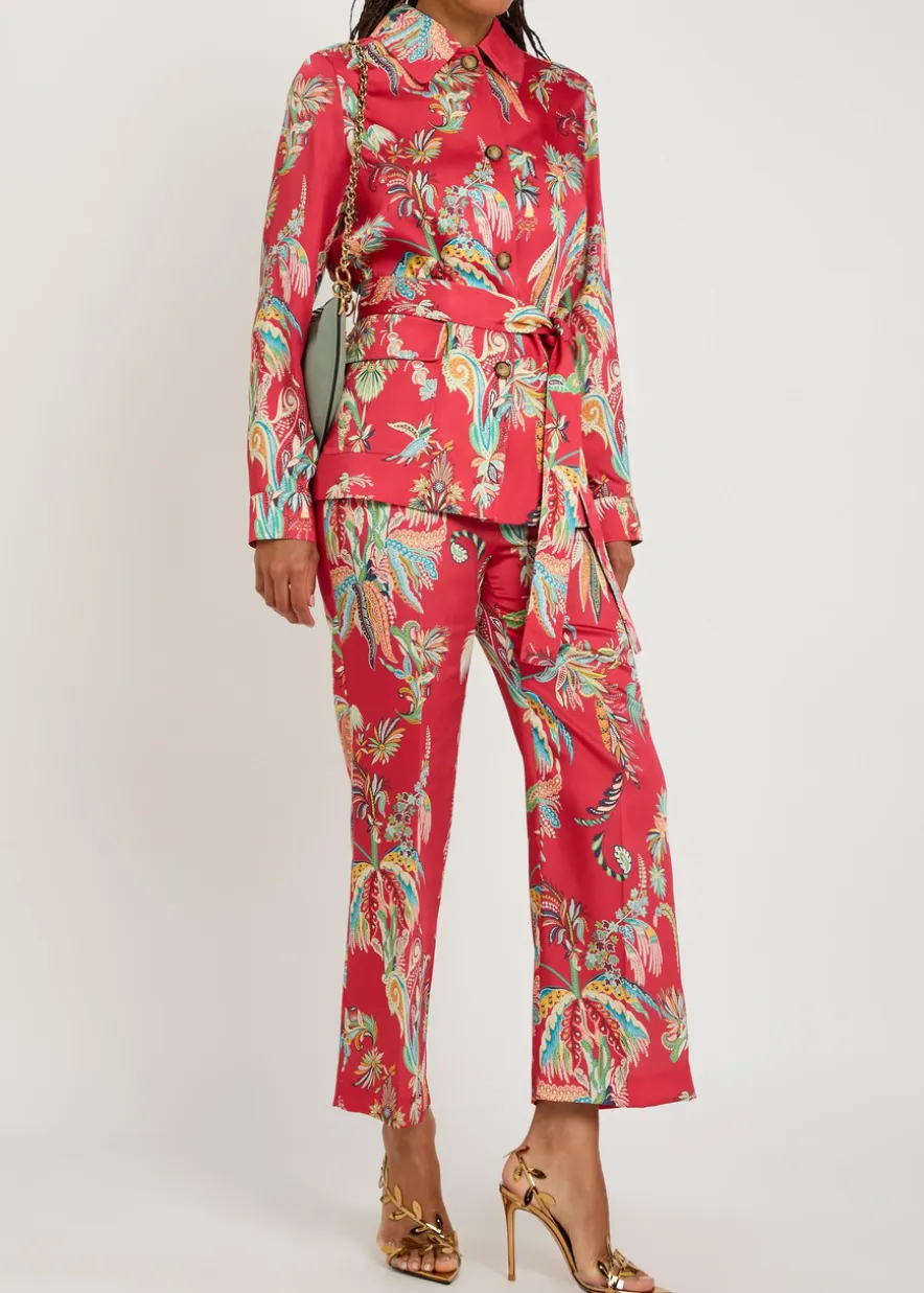 Printed flared-leg satin trousers