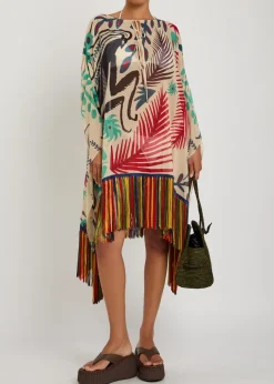 Printed fringed sheer seersucker cover-up