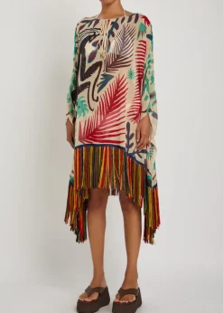 Printed fringed sheer seersucker cover-up