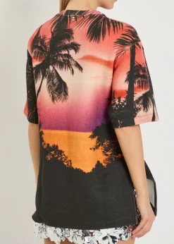 Printed gathered linen and cotton-blend T-shirt