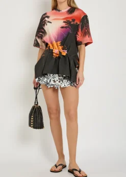 Printed gathered linen and cotton-blend T-shirt