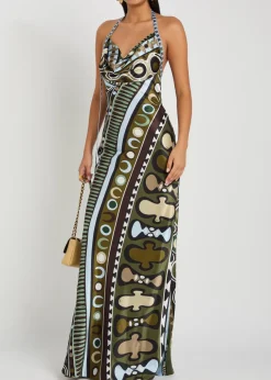 Printed halterneck satin-silk maxi dress