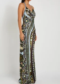 Printed halterneck satin-silk maxi dress