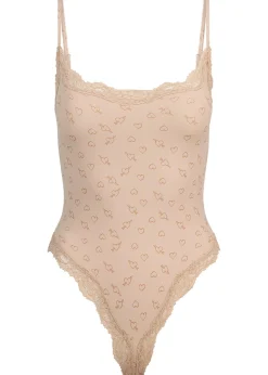 Printed lace-trim stretch-jersey bodysuit