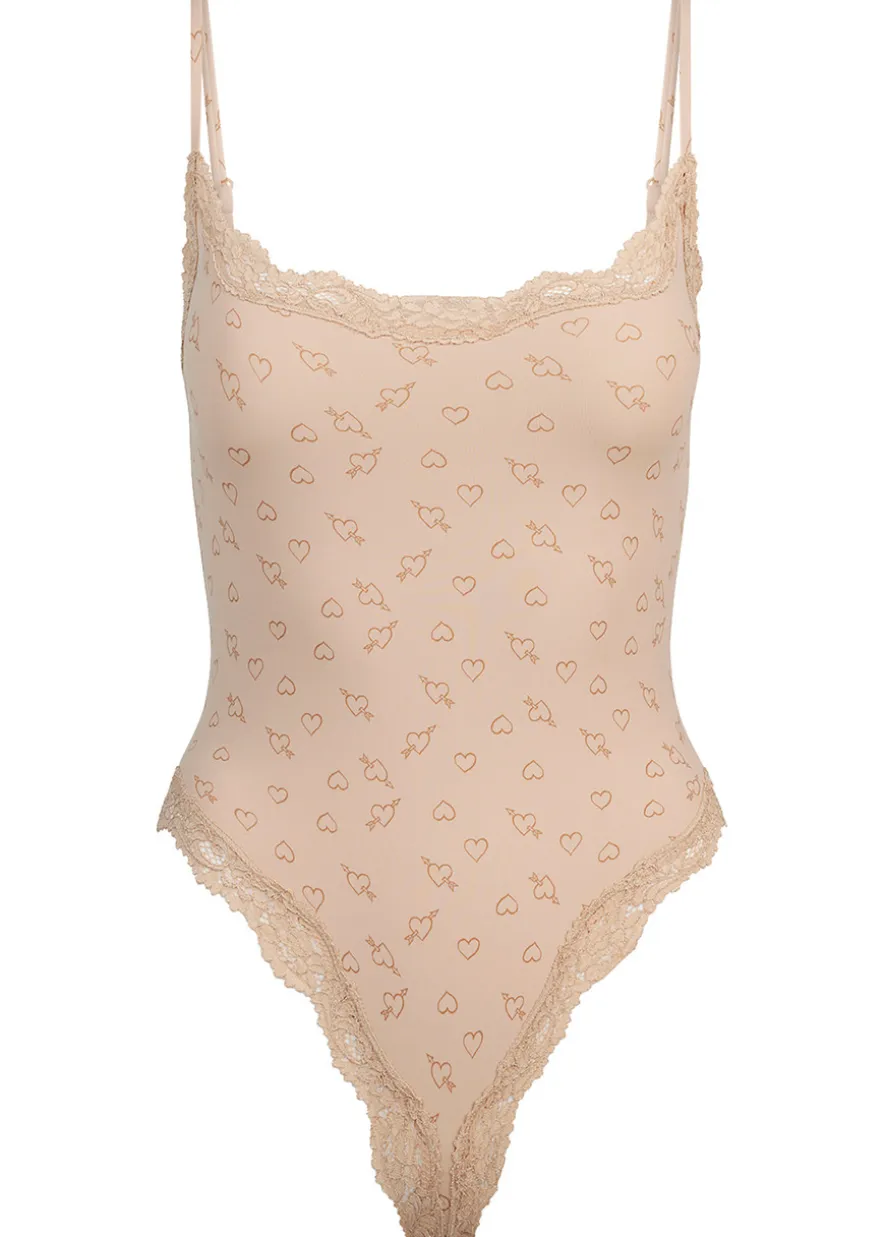 Printed lace-trim stretch-jersey bodysuit
