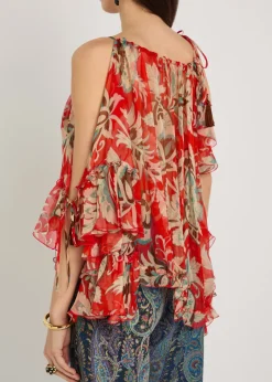 Printed ruffled silk-chiffon top