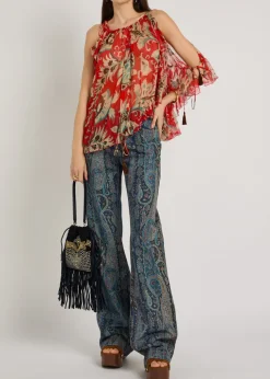 Printed ruffled silk-chiffon top