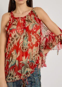 Printed ruffled silk-chiffon top