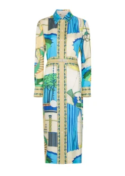 Printed silk midi shirt dress