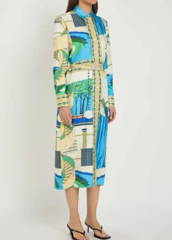 Printed silk midi shirt dress