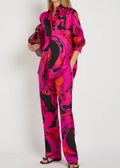 Printed straight-leg silk trousers