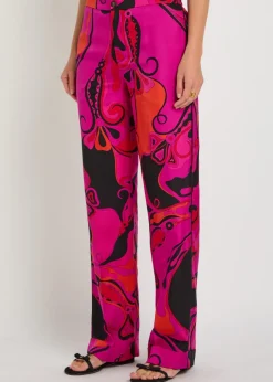 Printed straight-leg silk trousers