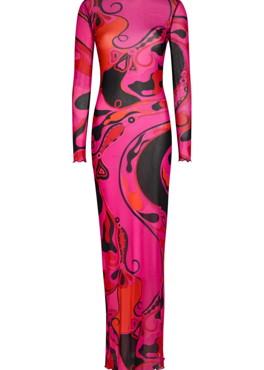 Printed stretch-tulle maxi dress