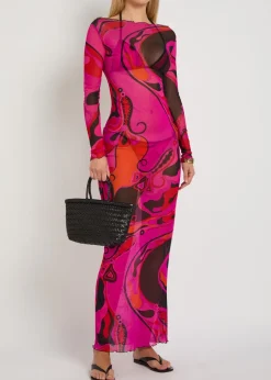 Printed stretch-tulle maxi dress