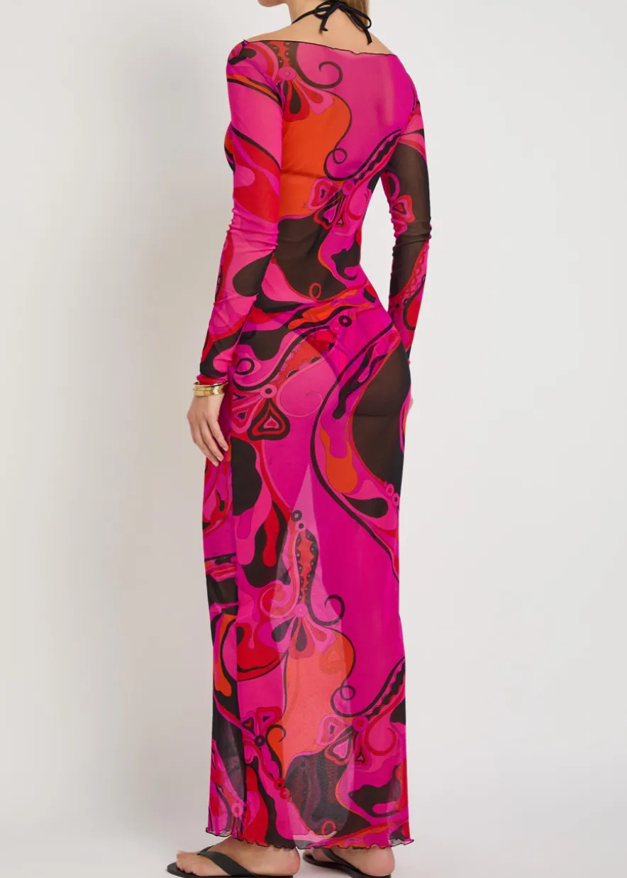 Printed stretch-tulle maxi dress