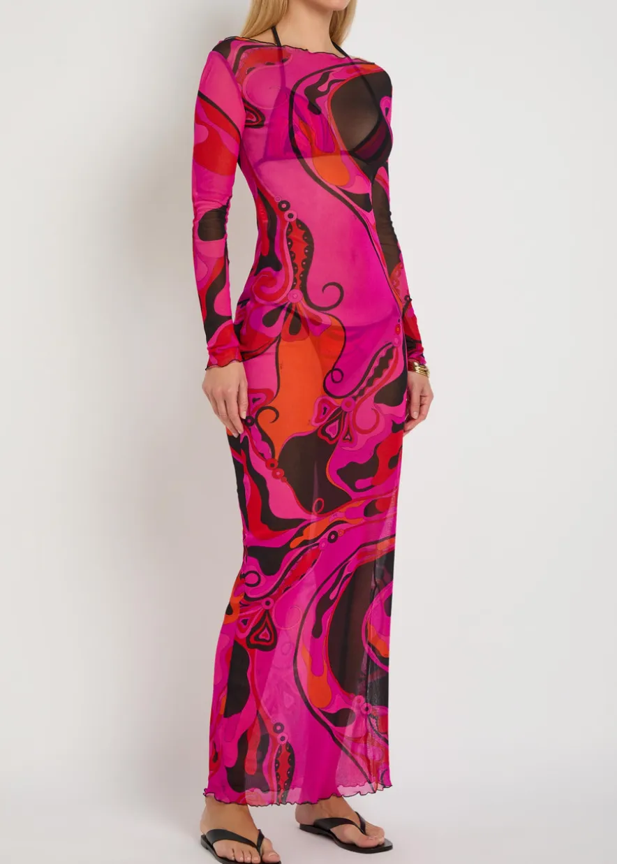 Printed stretch-tulle maxi dress