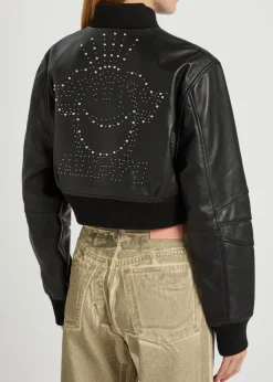 Queen stud-embellished leather cropped bomber jacket