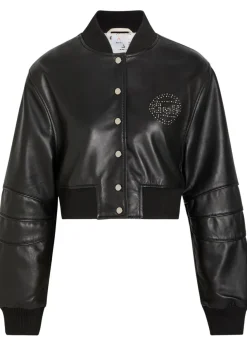 Queen stud-embellished leather cropped bomber jacket