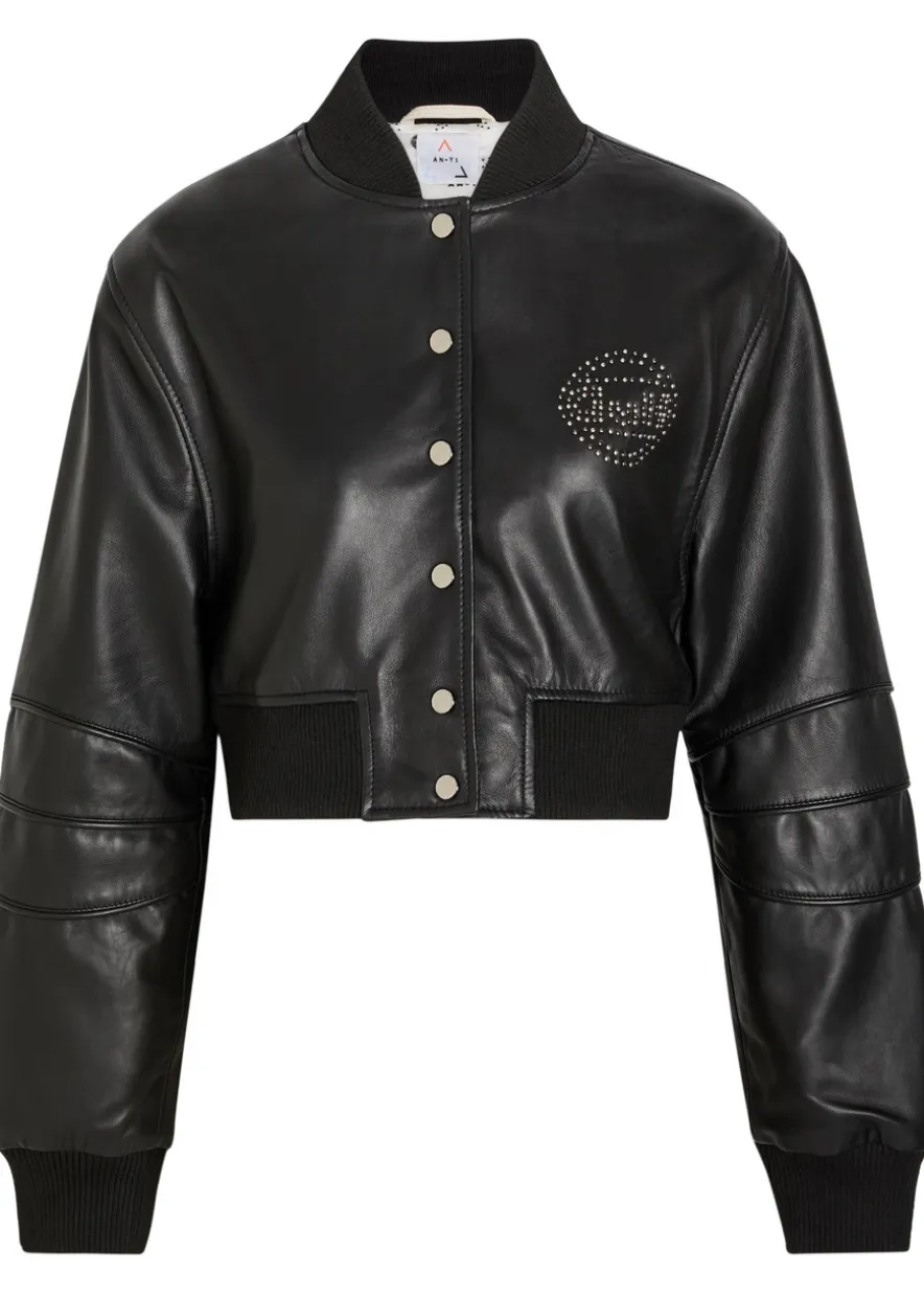 Queen stud-embellished leather cropped bomber jacket