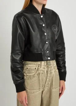 Queen stud-embellished leather cropped bomber jacket
