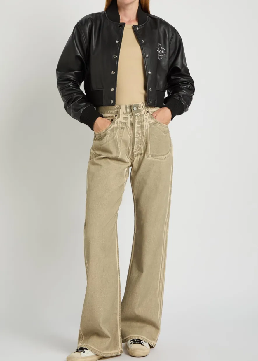 Queen stud-embellished leather cropped bomber jacket