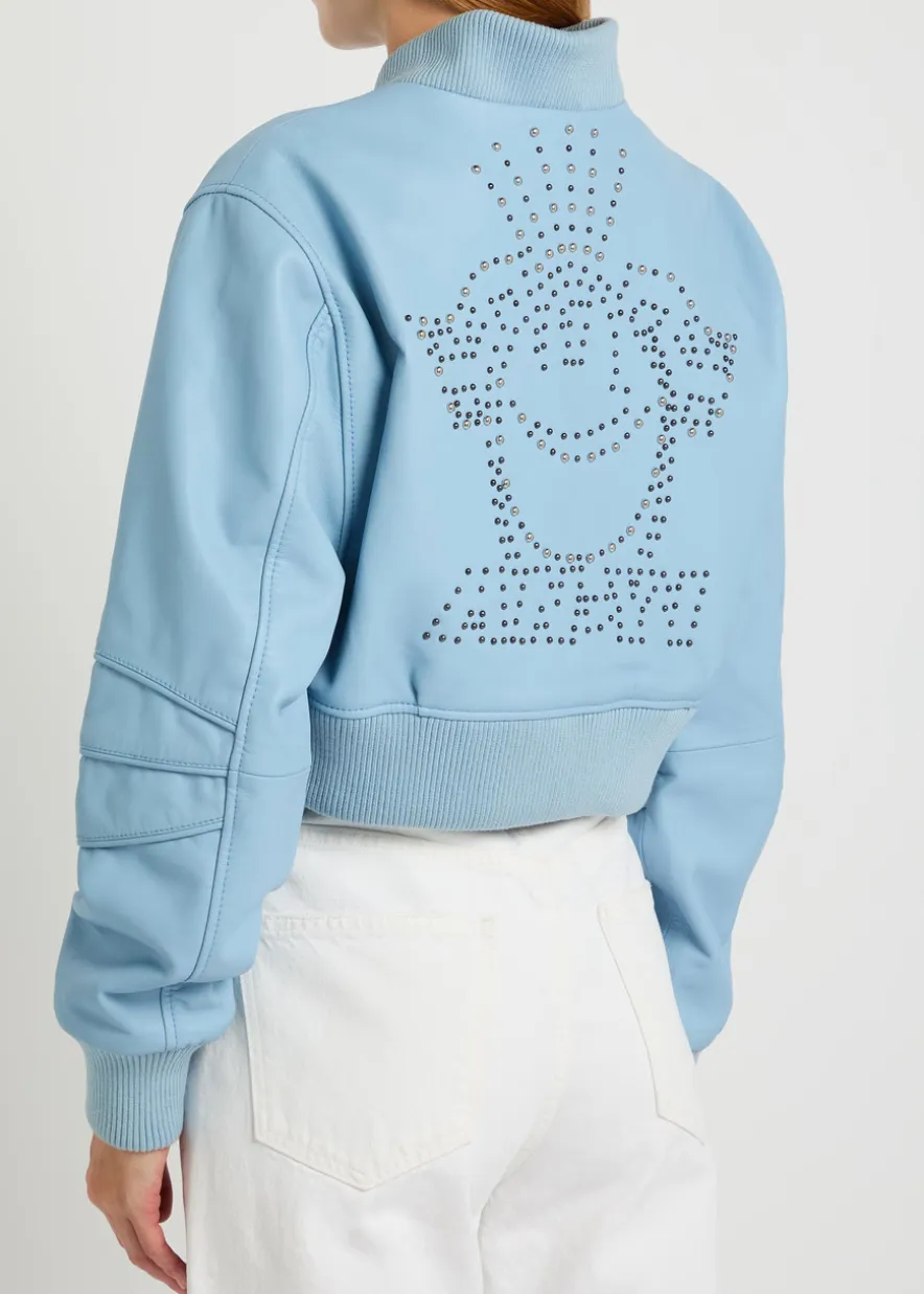 Queen stud-embellished leather cropped bomber jacket