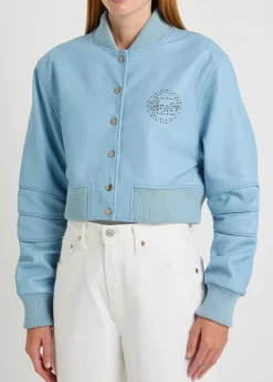 Queen stud-embellished leather cropped bomber jacket
