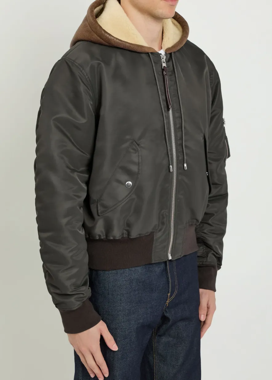 Quilted hooded nylon bomber jacket