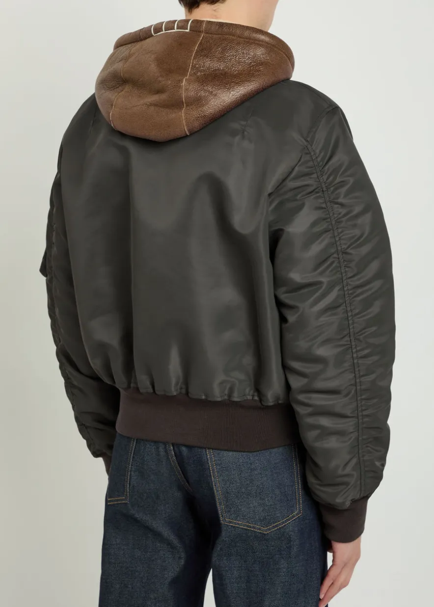 Quilted hooded nylon bomber jacket