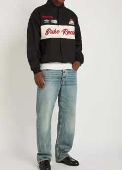 Racing patchwork appliqués cotton varsity jacket