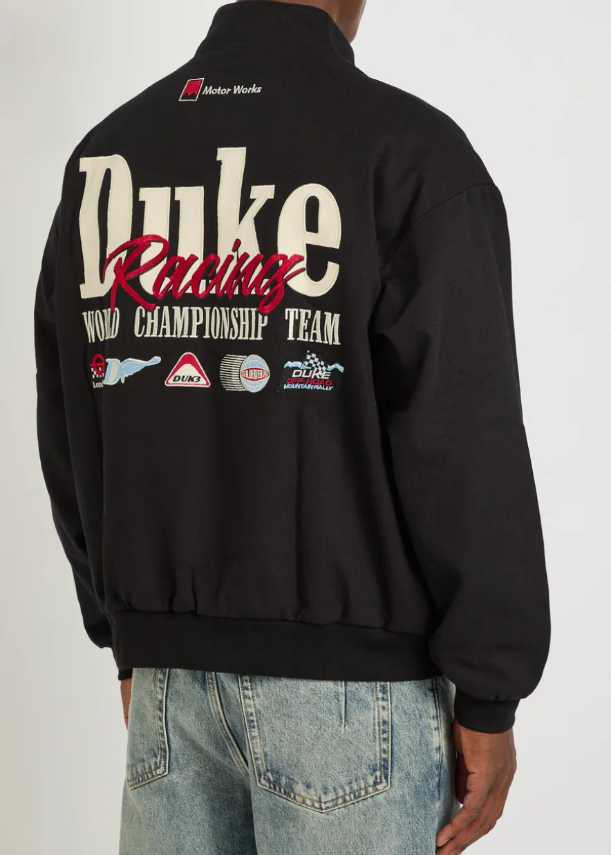 Racing patchwork appliqués cotton varsity jacket