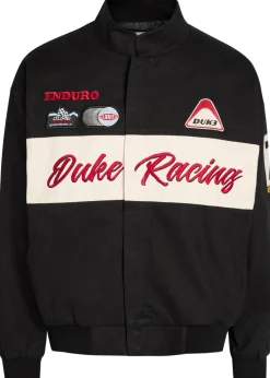 Racing patchwork appliqués cotton varsity jacket