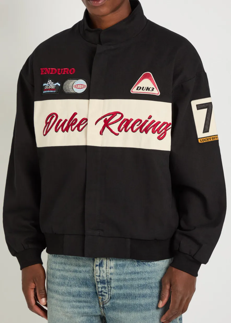 Racing patchwork appliqués cotton varsity jacket