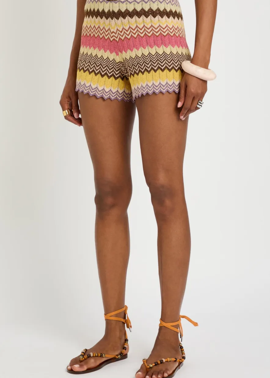 Raya chevron pointelle metallic-knit shorts