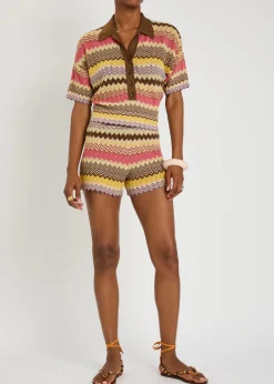 Raya chevron pointelle metallic-knit shorts