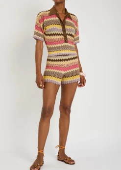 Raya chevron pointelle metallic-knit polo top