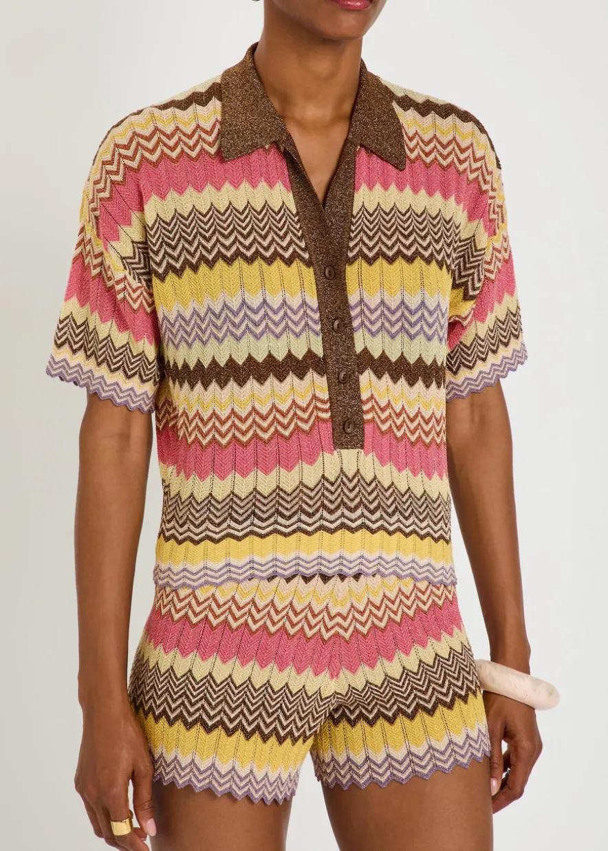 Raya chevron pointelle metallic-knit polo top