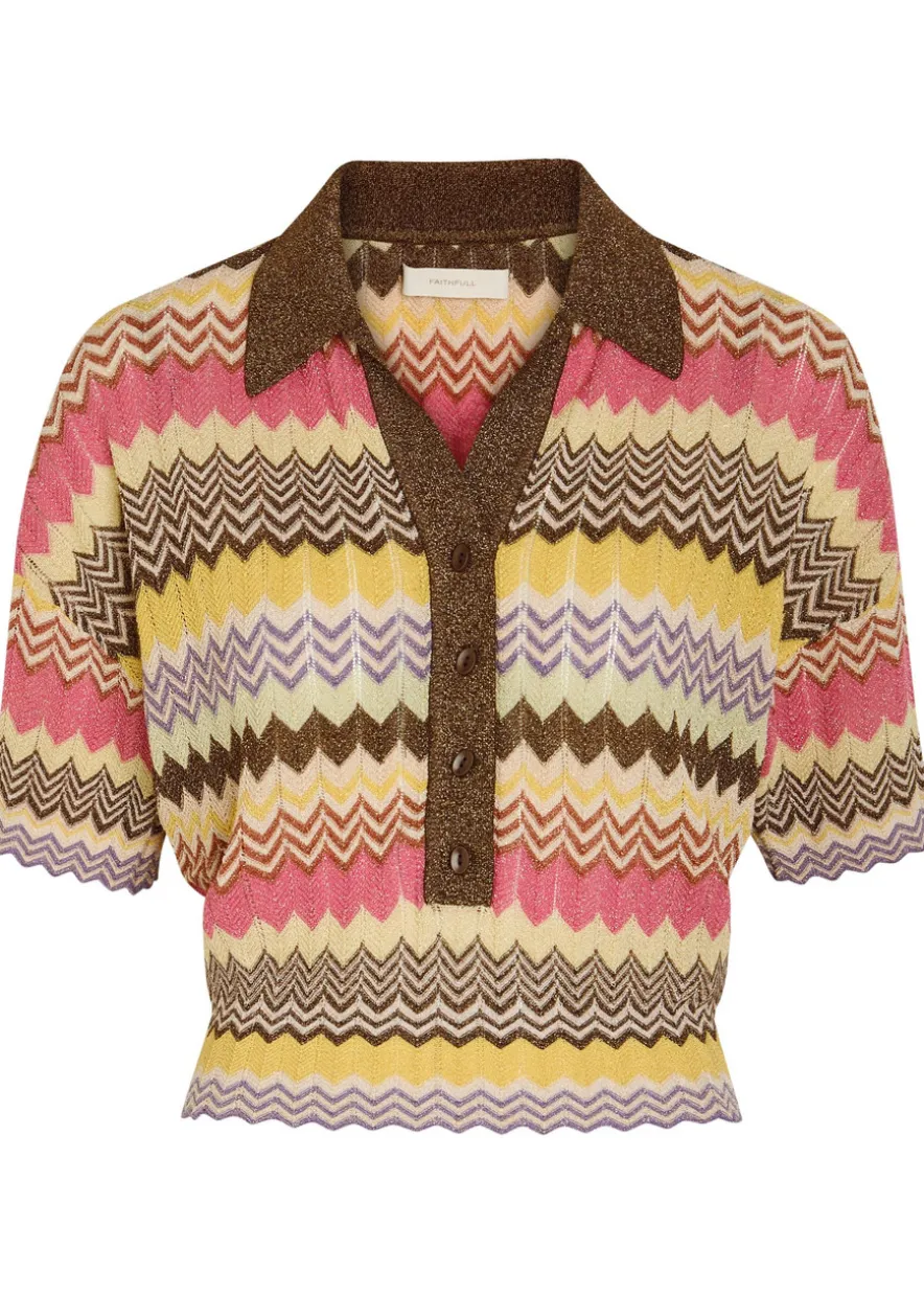 Raya chevron pointelle metallic-knit polo top
