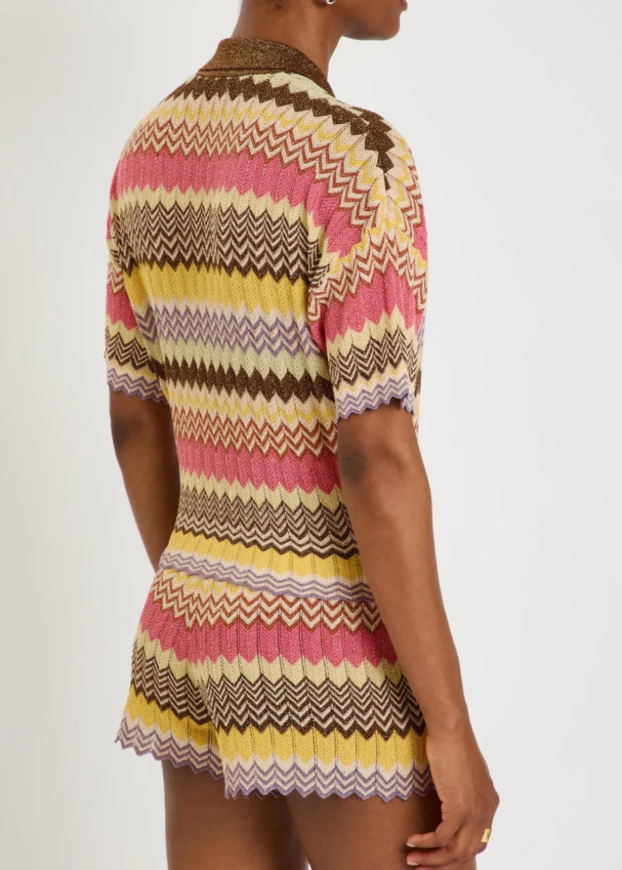 Raya chevron pointelle metallic-knit polo top