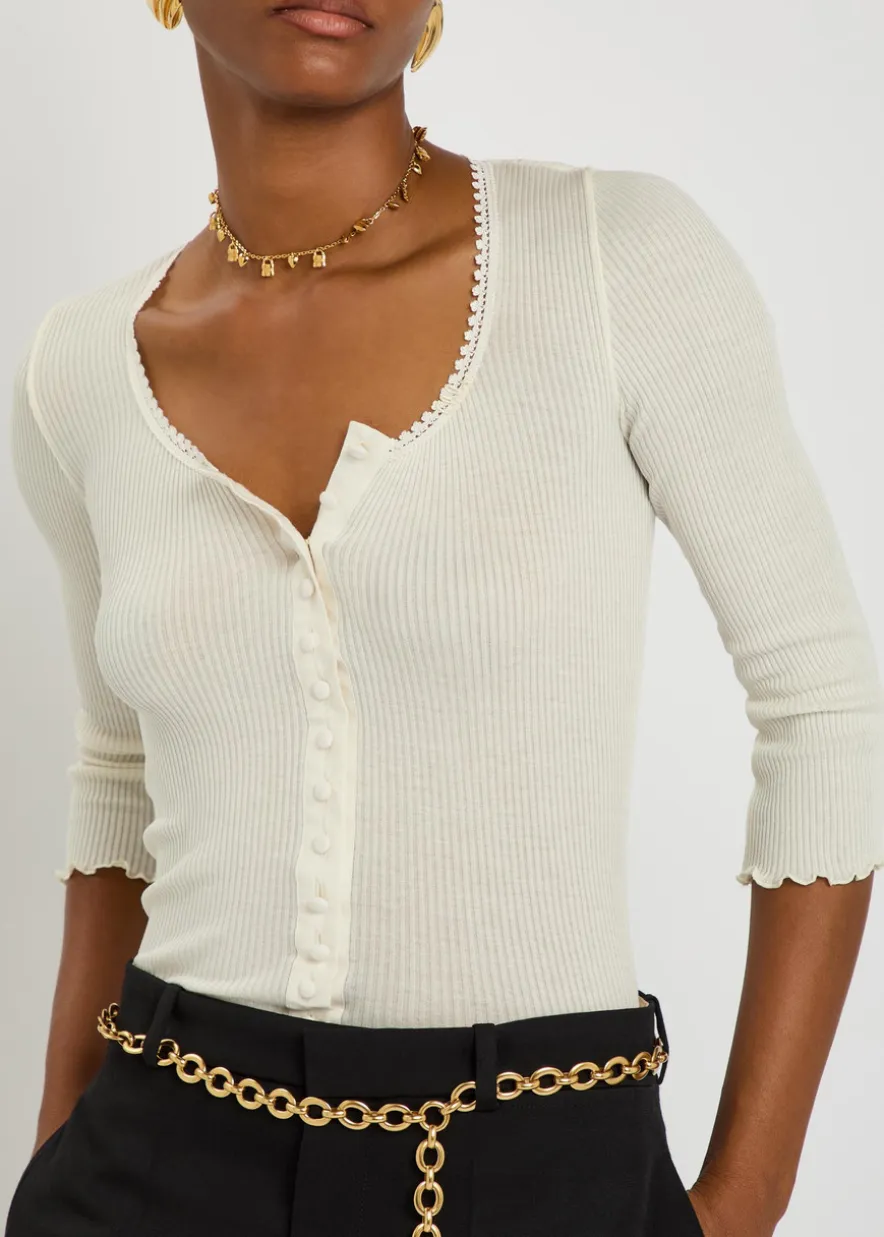 Ribbed lace-trims cotton and silk-blend top