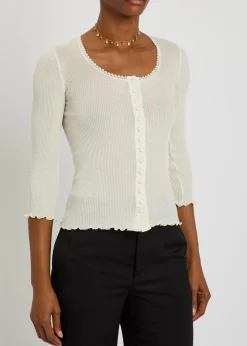 Ribbed lace-trims cotton and silk-blend top