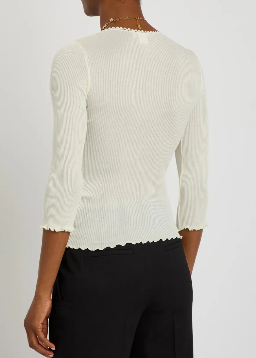 Ribbed lace-trims cotton and silk-blend top